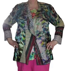 Kamana 1X Mixed Media Boho Open Front Cardigan Jacket Patchwork Artsy Flowy